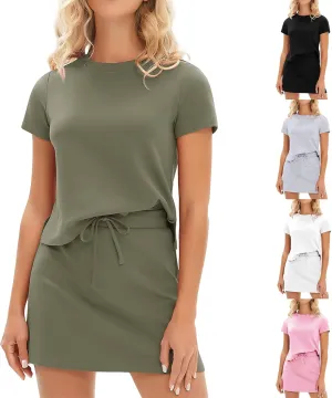 2 Piece Sets for Women 2025 Two Piece Short Skirt Sets Short Sleeve Shirt Summer Drawstring Tennis Skort Lounge Outfits