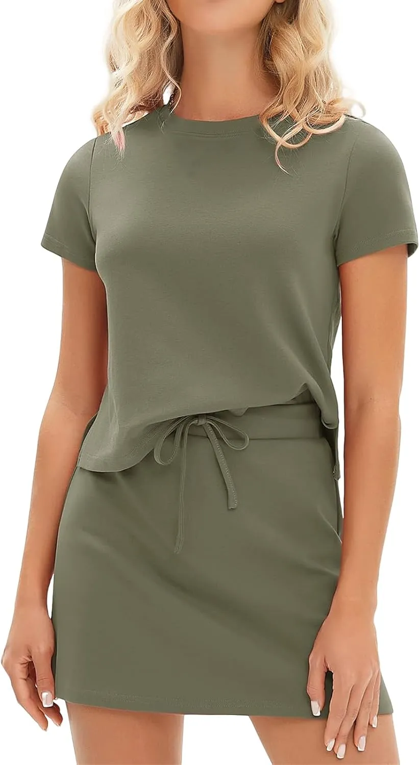 2 Piece Sets for Women 2025 Two Piece Short Skirt Sets Short Sleeve Shirt Summer Drawstring Tennis Skort Lounge Outfits