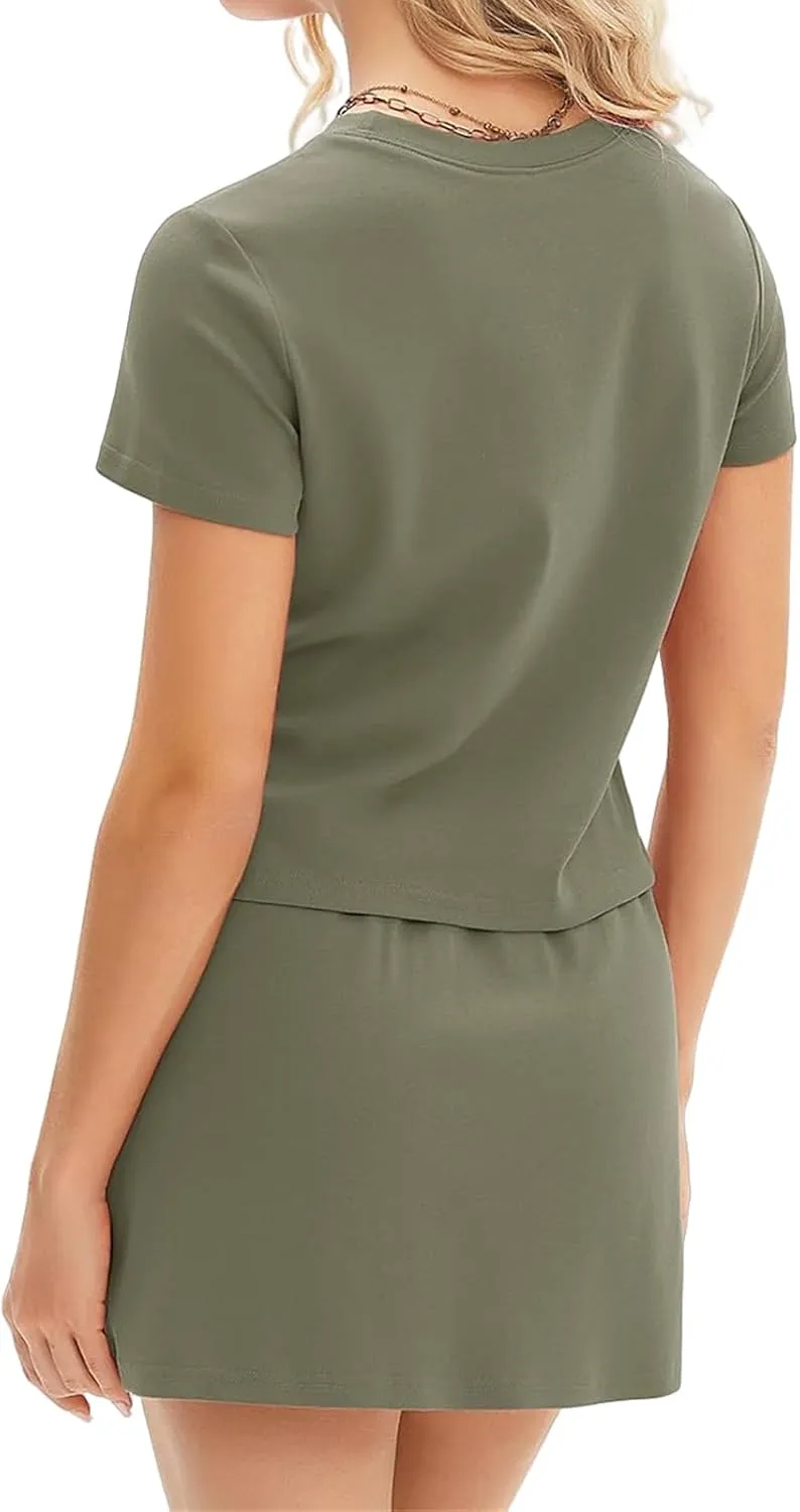 2 Piece Sets for Women 2025 Two Piece Short Skirt Sets Short Sleeve Shirt Summer Drawstring Tennis Skort Lounge Outfits