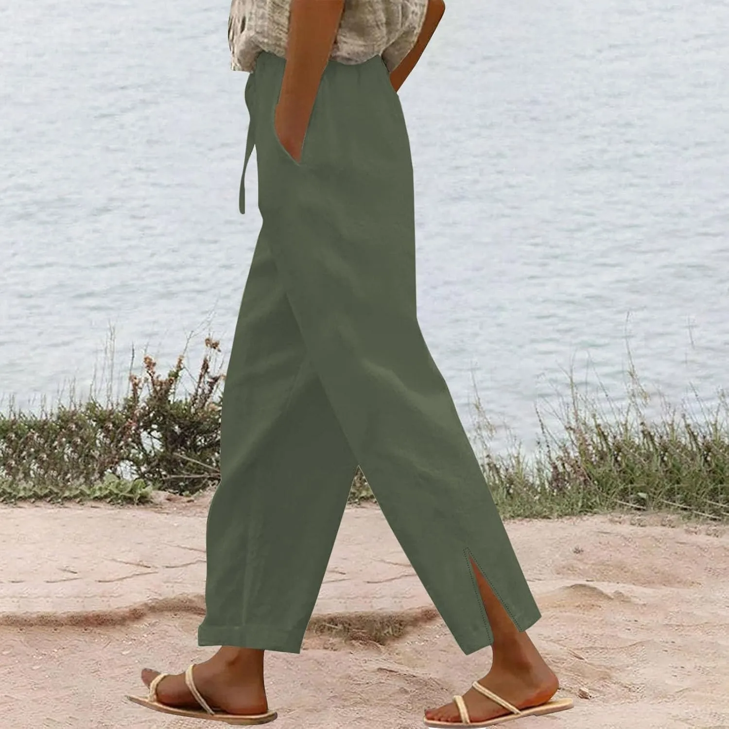 2025 Linen Pants Women High Waist Elastic Drawstring Lounge Trousers Casual Lightweight Side Split Summer Beach Pants