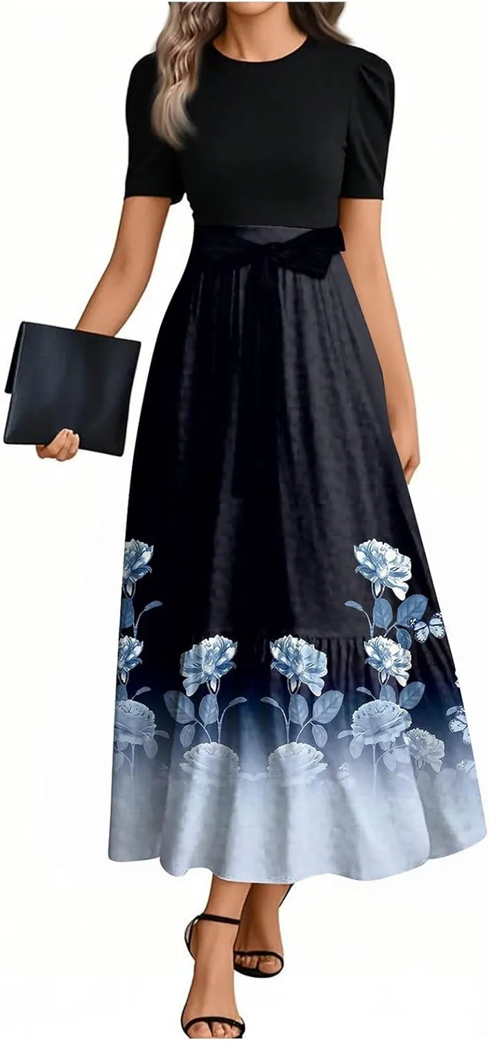 2025 Spring Dresses for Women, Beach Elegant Maxi Womens Jumpsuit Flower Print Bow High Waisted Womens Romper