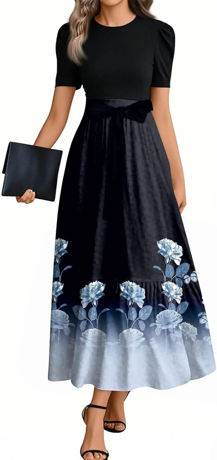 2025 Spring Dresses for Women, Beach Elegant Maxi Womens Jumpsuit Flower Print Bow High Waisted Womens Romper