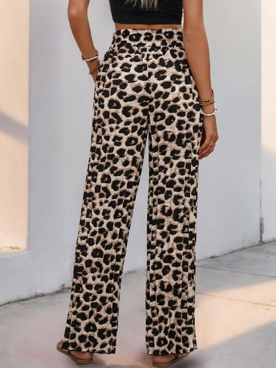 2025 Women's Leopard Print High Waist Pleated Wide Leg Pants Tie Front Pajama Comfy Casual Trousers