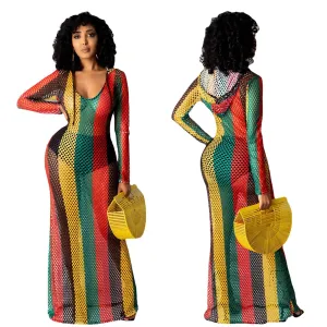 2XL Multi-Color Stripe Crochet Mesh Hoodie Cover-Up Beach Dress Long Sleeve Long Length Plus Size Women
