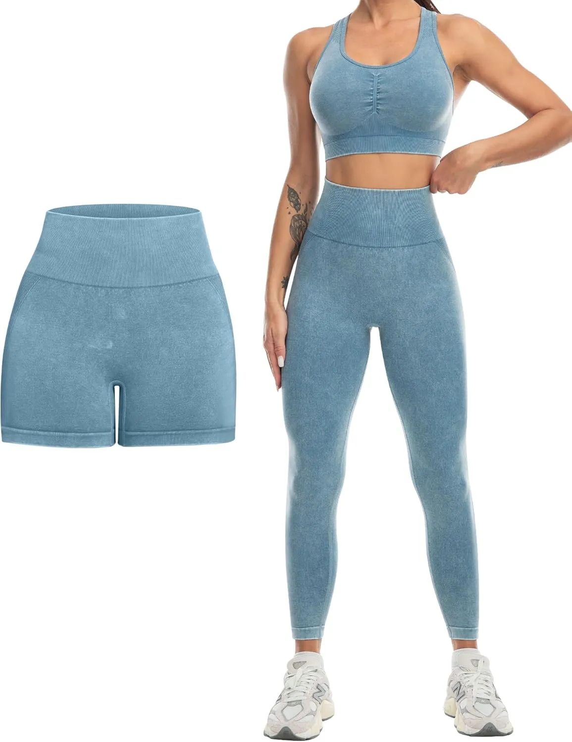 3 Piece Workout Sets for Women Butt Lifting Leggings with High Impact Sports Bra Gym Shorts