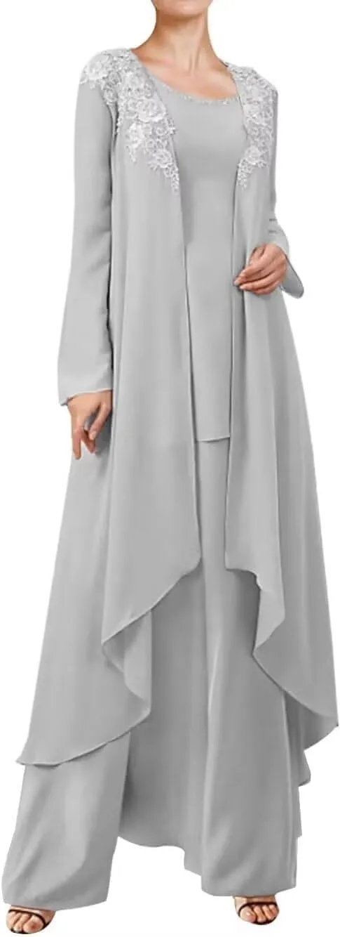 3 Pieces Mother of The Bride Dressy Long Sleeve Pant Suits with Jacket for Wedding Guest Dress