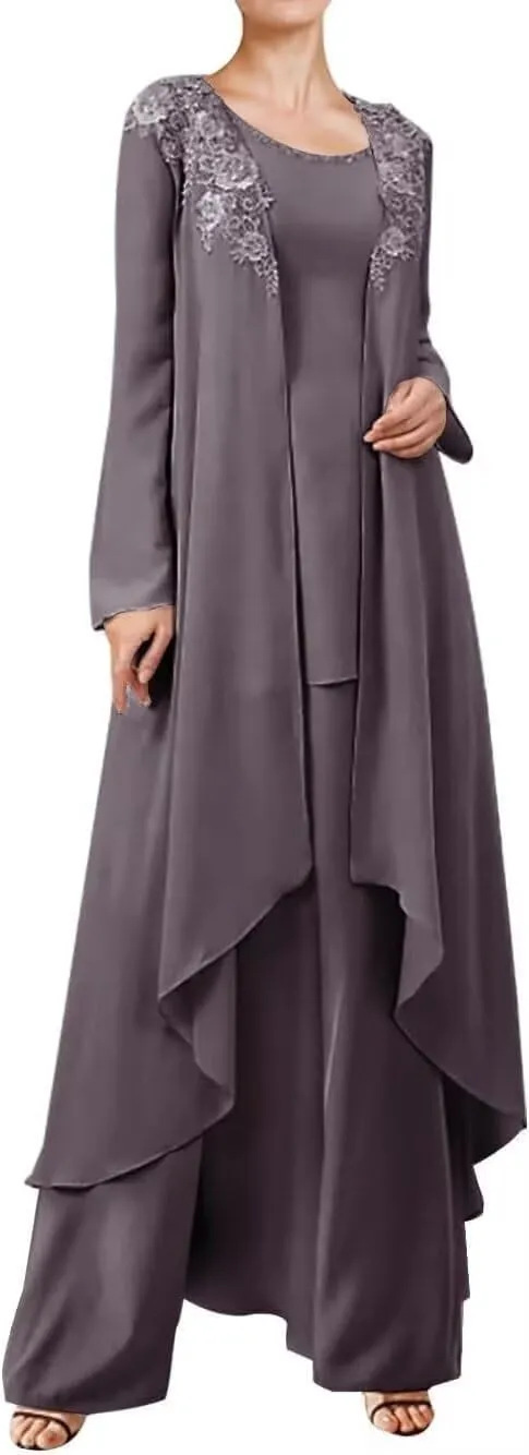 3 Pieces Mother of The Bride Dressy Long Sleeve Pant Suits with Jacket for Wedding Guest Dress