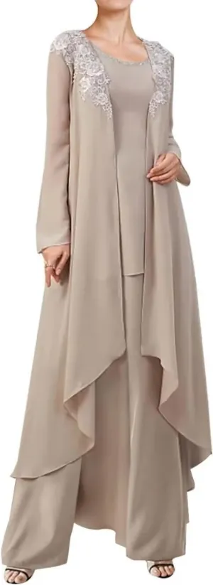 3 Pieces Mother of The Bride Dressy Long Sleeve Pant Suits with Jacket for Wedding Guest Dress