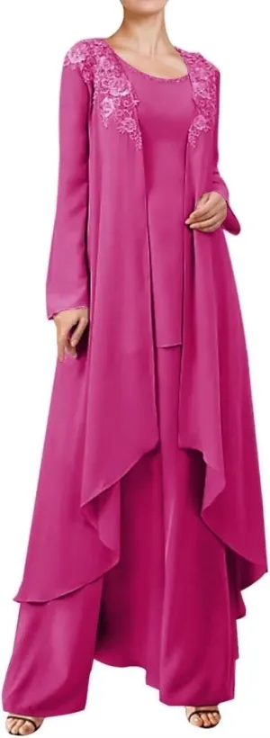 3 Pieces Mother of The Bride Dressy Long Sleeve Pant Suits with Jacket for Wedding Guest Dress