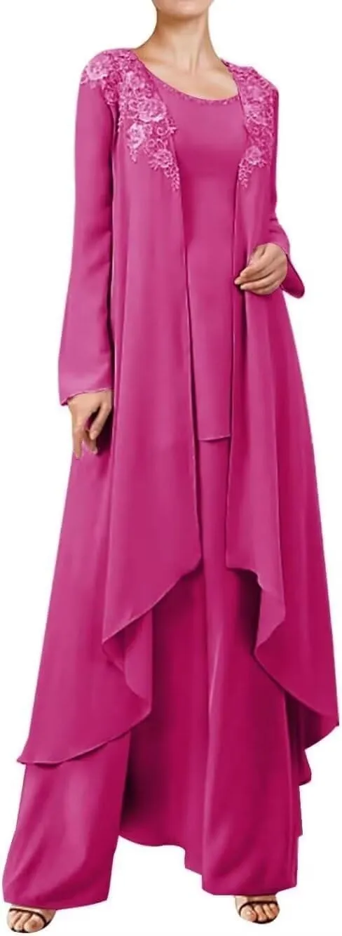 3 Pieces Mother of The Bride Dressy Long Sleeve Pant Suits with Jacket for Wedding Guest Dress