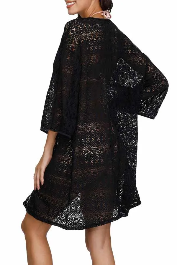3/4 Sleeve Crochet Open Front Tie Waist Beach Cover Up