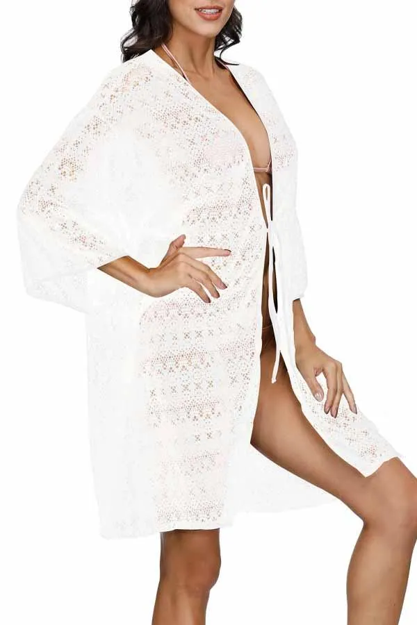 3/4 Sleeve Crochet Open Front Tie Waist Beach Cover Up