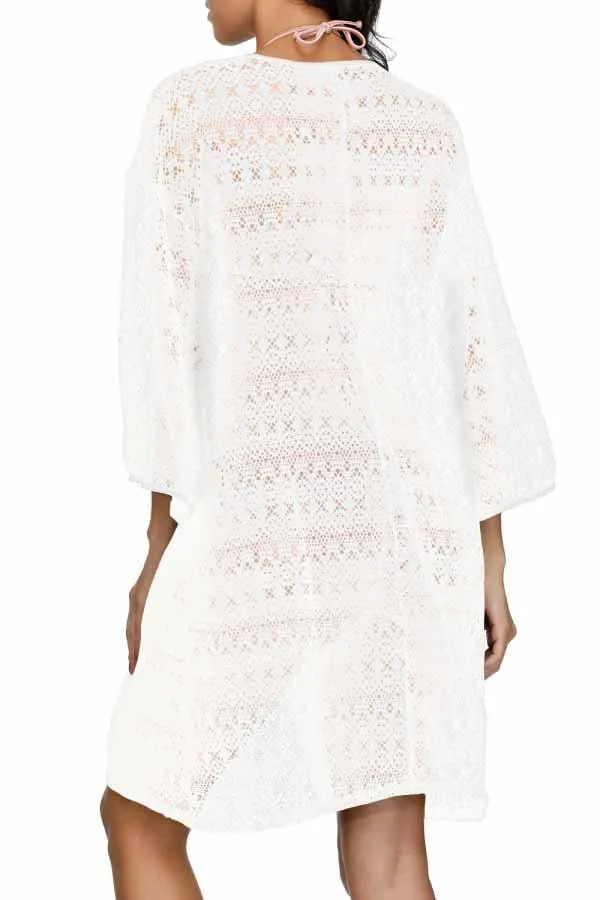 3/4 Sleeve Crochet Open Front Tie Waist Beach Cover Up