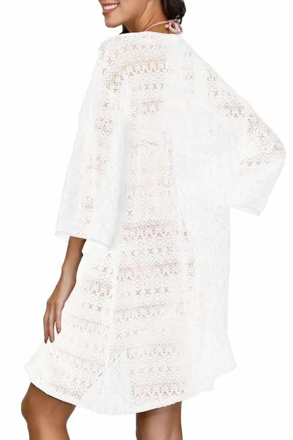 3/4 Sleeve Crochet Open Front Tie Waist Beach Cover Up