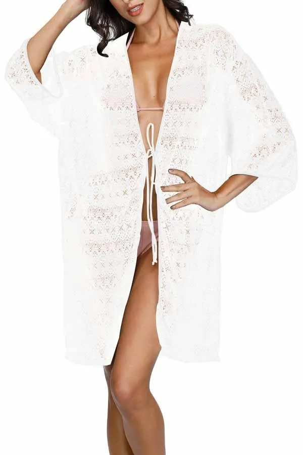 3/4 Sleeve Crochet Open Front Tie Waist Beach Cover Up