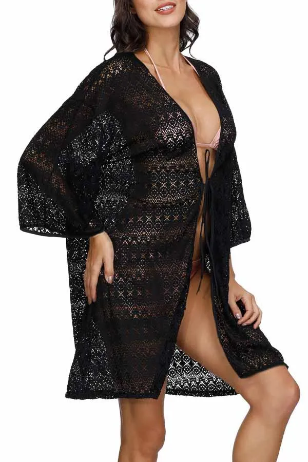 3/4 Sleeve Crochet Open Front Tie Waist Beach Cover Up