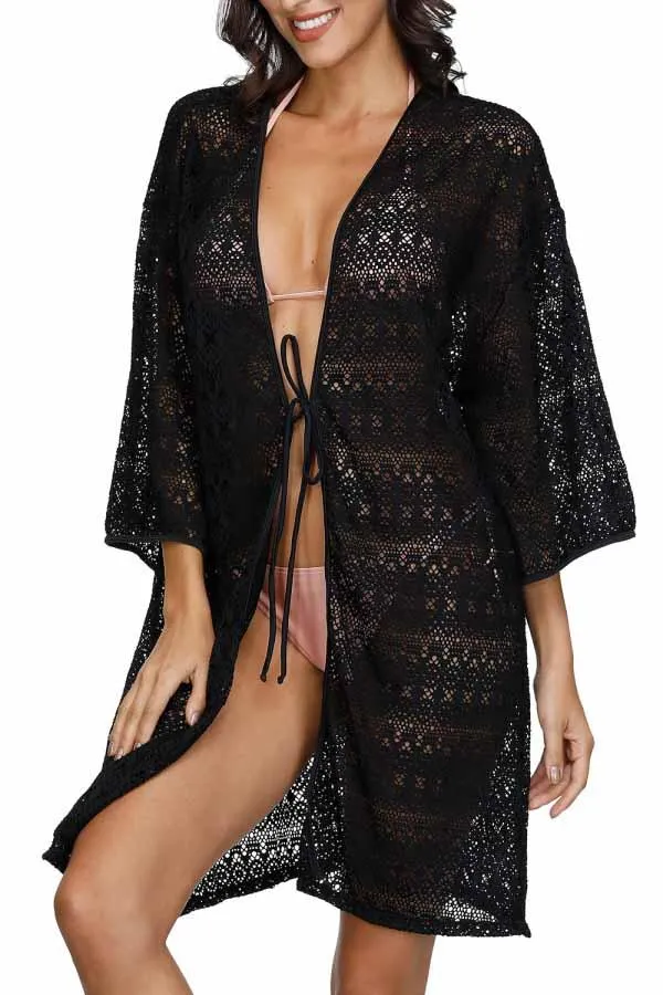 3/4 Sleeve Crochet Open Front Tie Waist Beach Cover Up