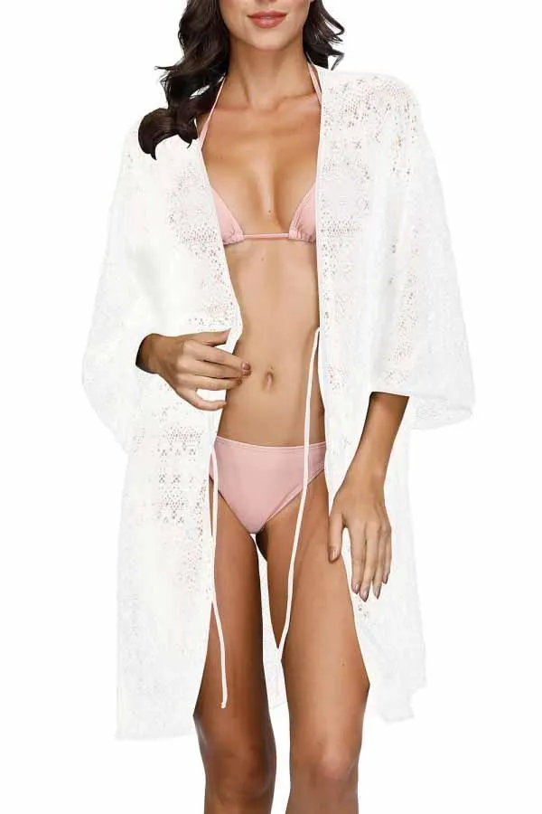 3/4 Sleeve Crochet Open Front Tie Waist Beach Cover Up