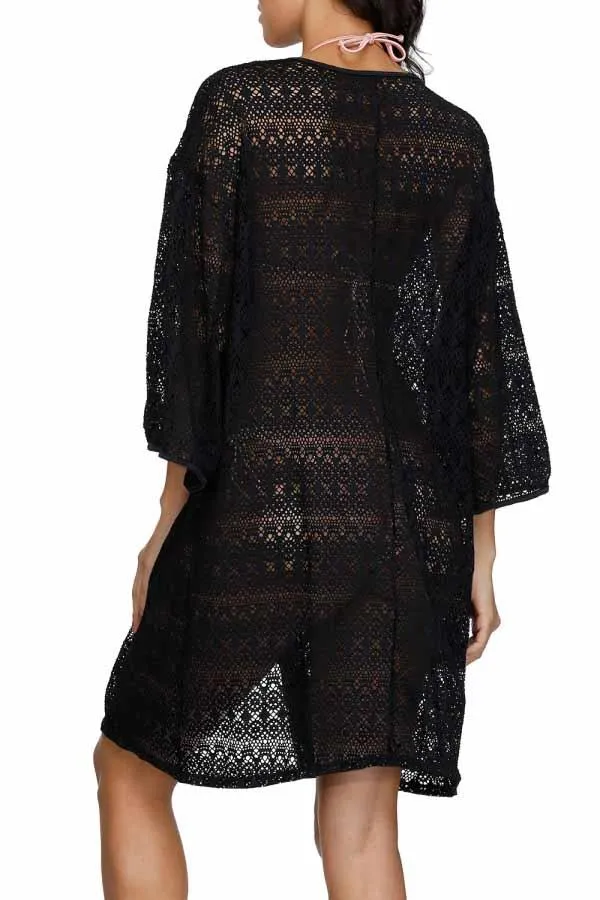 3/4 Sleeve Crochet Open Front Tie Waist Beach Cover Up