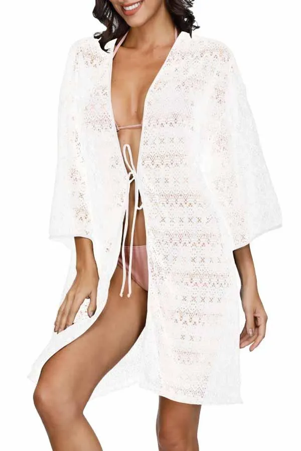 3/4 Sleeve Crochet Open Front Tie Waist Beach Cover Up