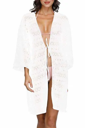 3/4 Sleeve Crochet Open Front Tie Waist Beach Cover Up