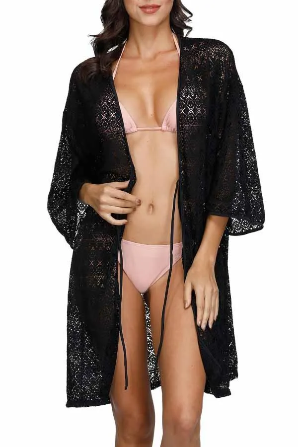 3/4 Sleeve Crochet Open Front Tie Waist Beach Cover Up
