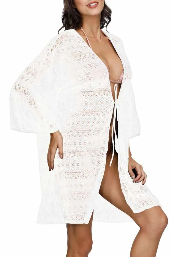 3/4 Sleeve Crochet Open Front Tie Waist Beach Cover Up