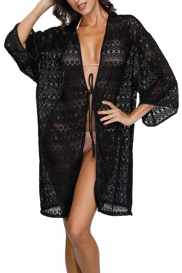 3/4 Sleeve Crochet Open Front Tie Waist Beach Cover Up
