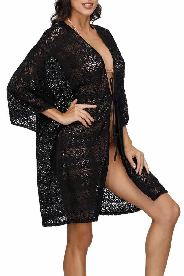 3/4 Sleeve Crochet Open Front Tie Waist Beach Cover Up