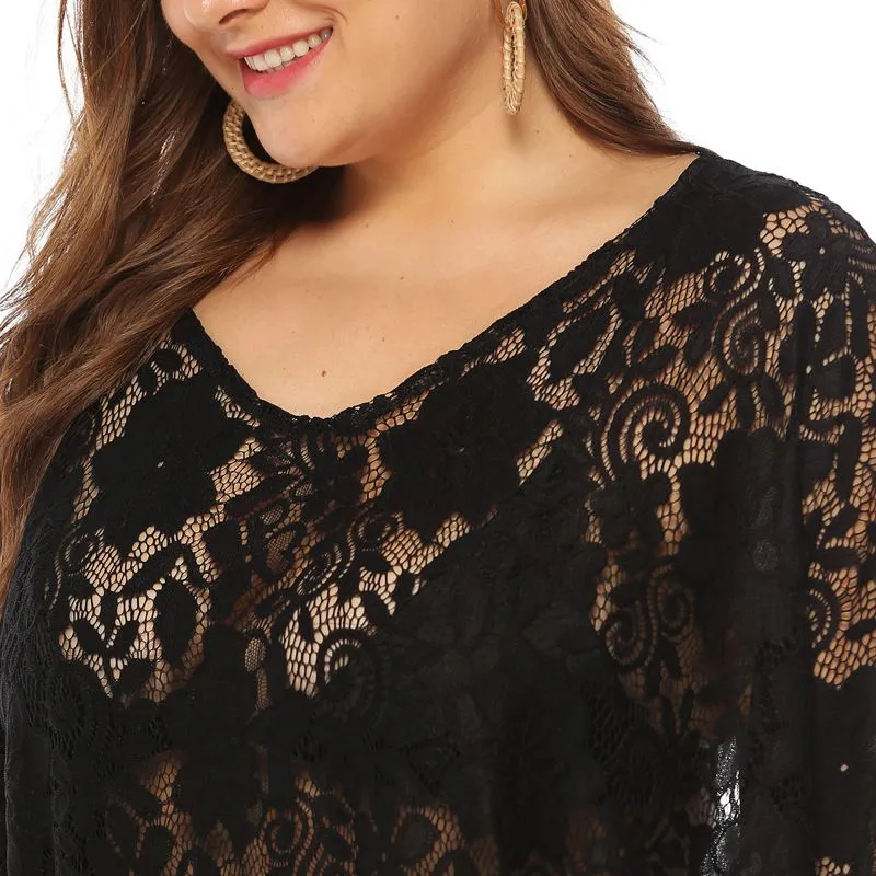 9XL Black Floral Lace Cover-Up Beach Dress V Neck Short Sleeve  Plus Size Women