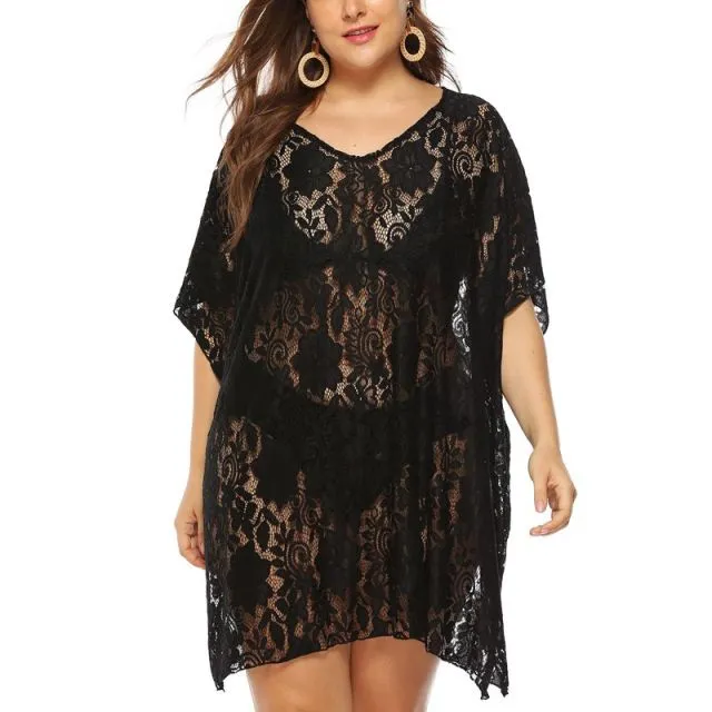 9XL Black Floral Lace Cover-Up Beach Dress V Neck Short Sleeve  Plus Size Women