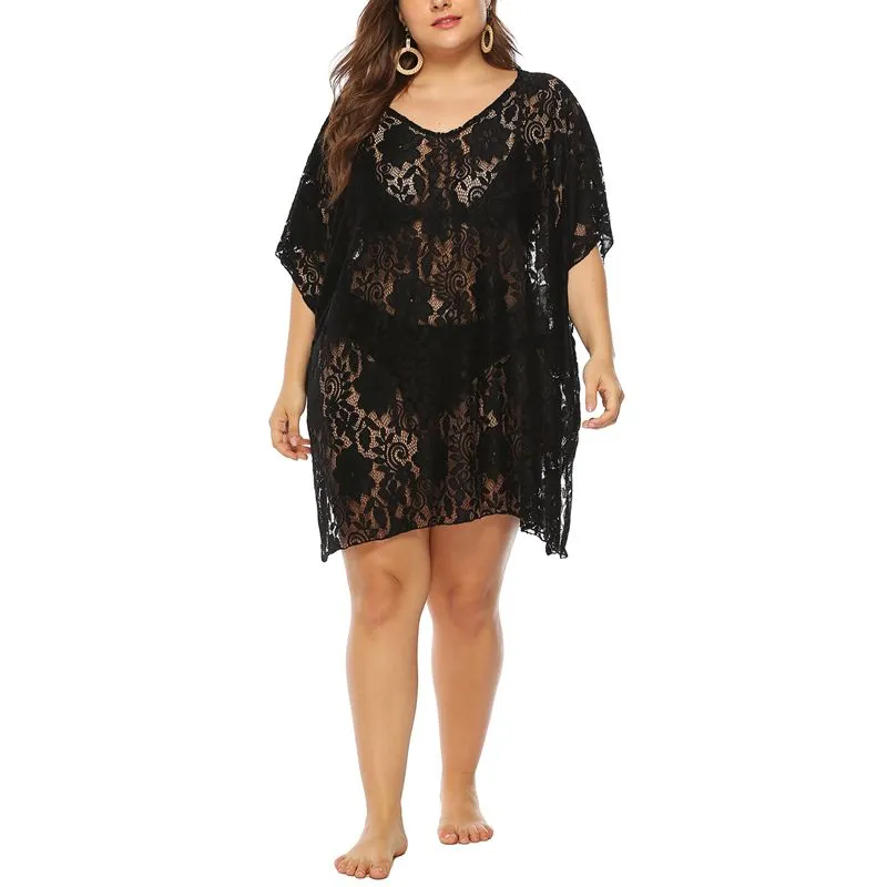 9XL Black Floral Lace Cover-Up Beach Dress V Neck Short Sleeve  Plus Size Women
