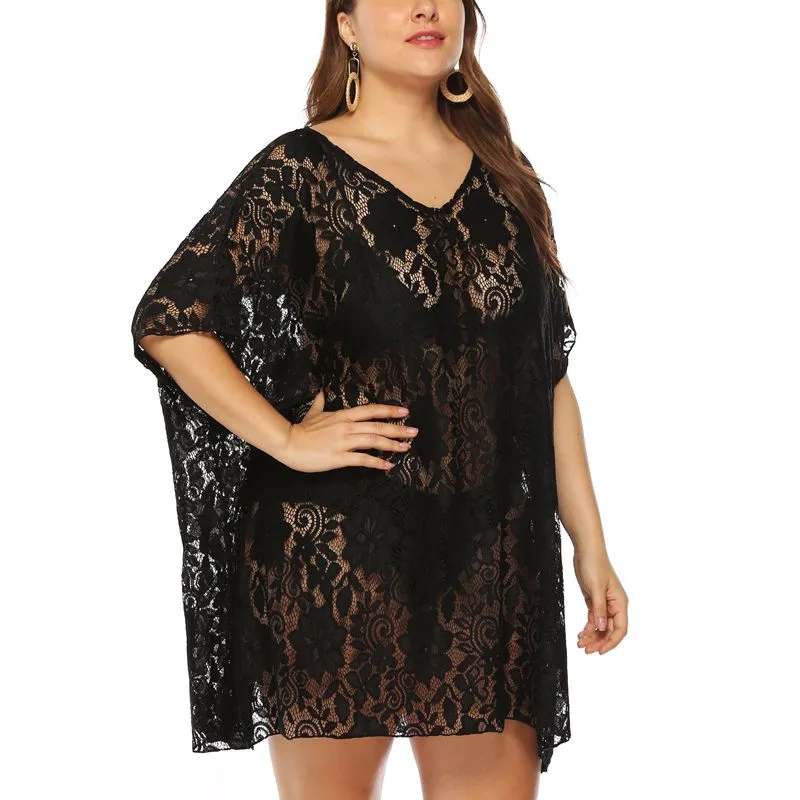 9XL Black Floral Lace Cover-Up Beach Dress V Neck Short Sleeve  Plus Size Women