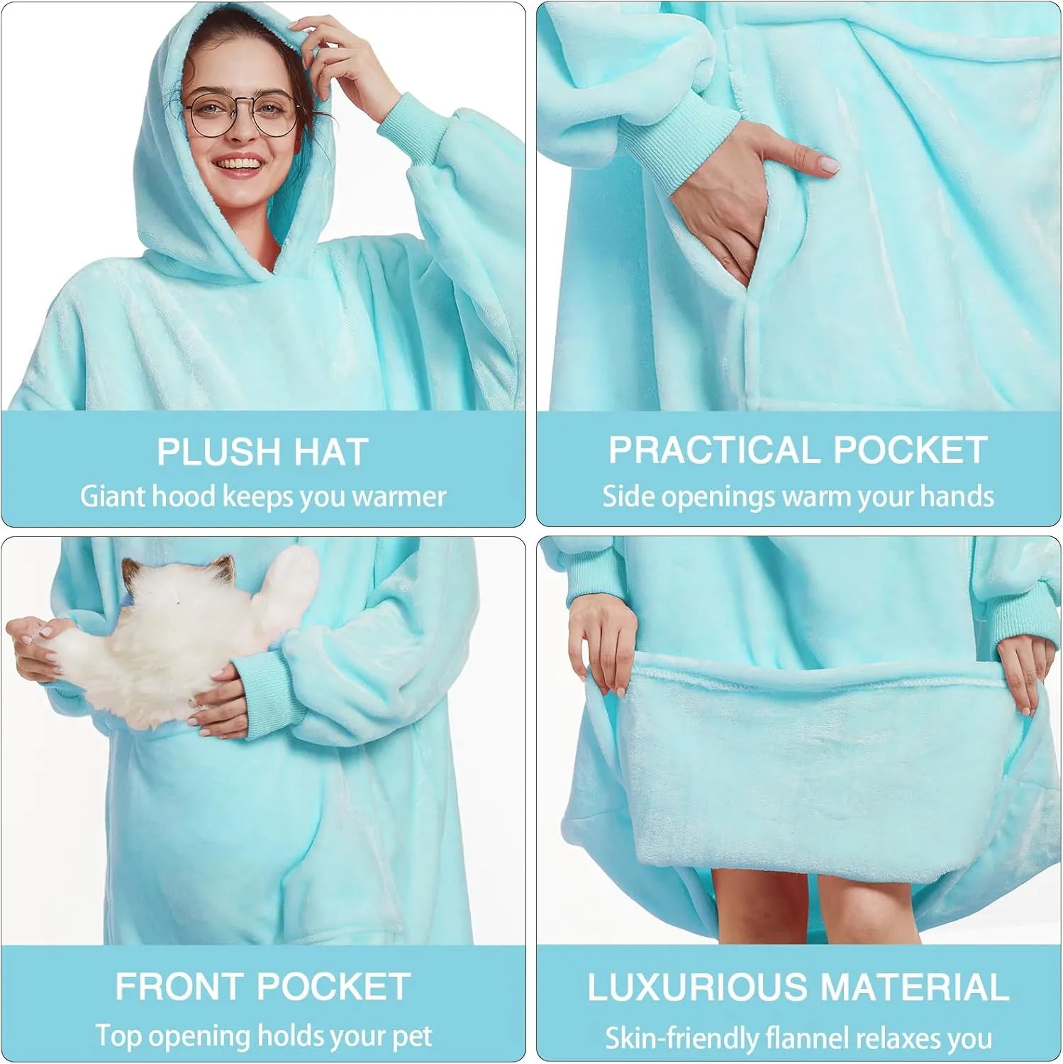Aemilas Wearable Blanket Hoodie-Cozy Long Lightweight Flannel Hooded Blanket Sweatshirt as Mothers Day Gifts,Aqua Blue
