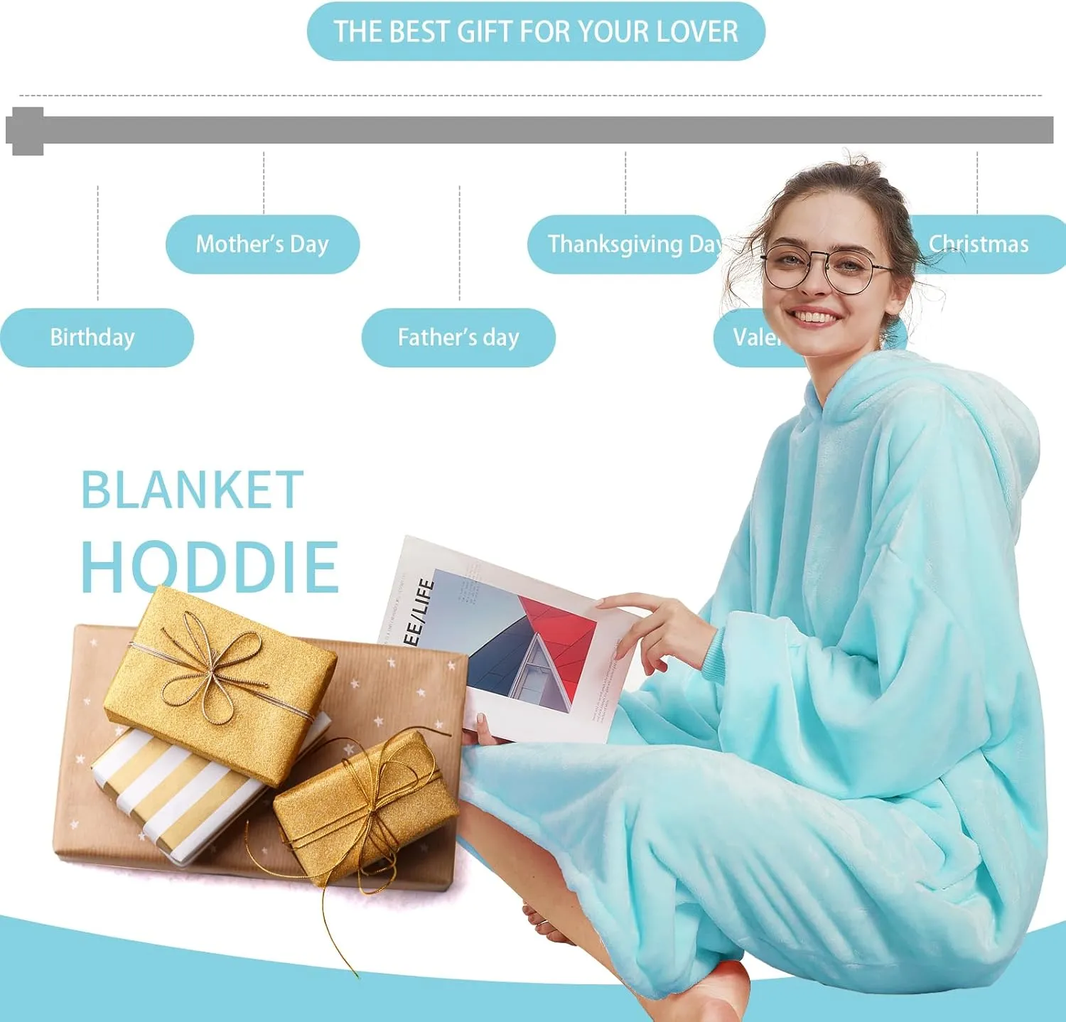 Aemilas Wearable Blanket Hoodie-Cozy Long Lightweight Flannel Hooded Blanket Sweatshirt as Mothers Day Gifts,Aqua Blue
