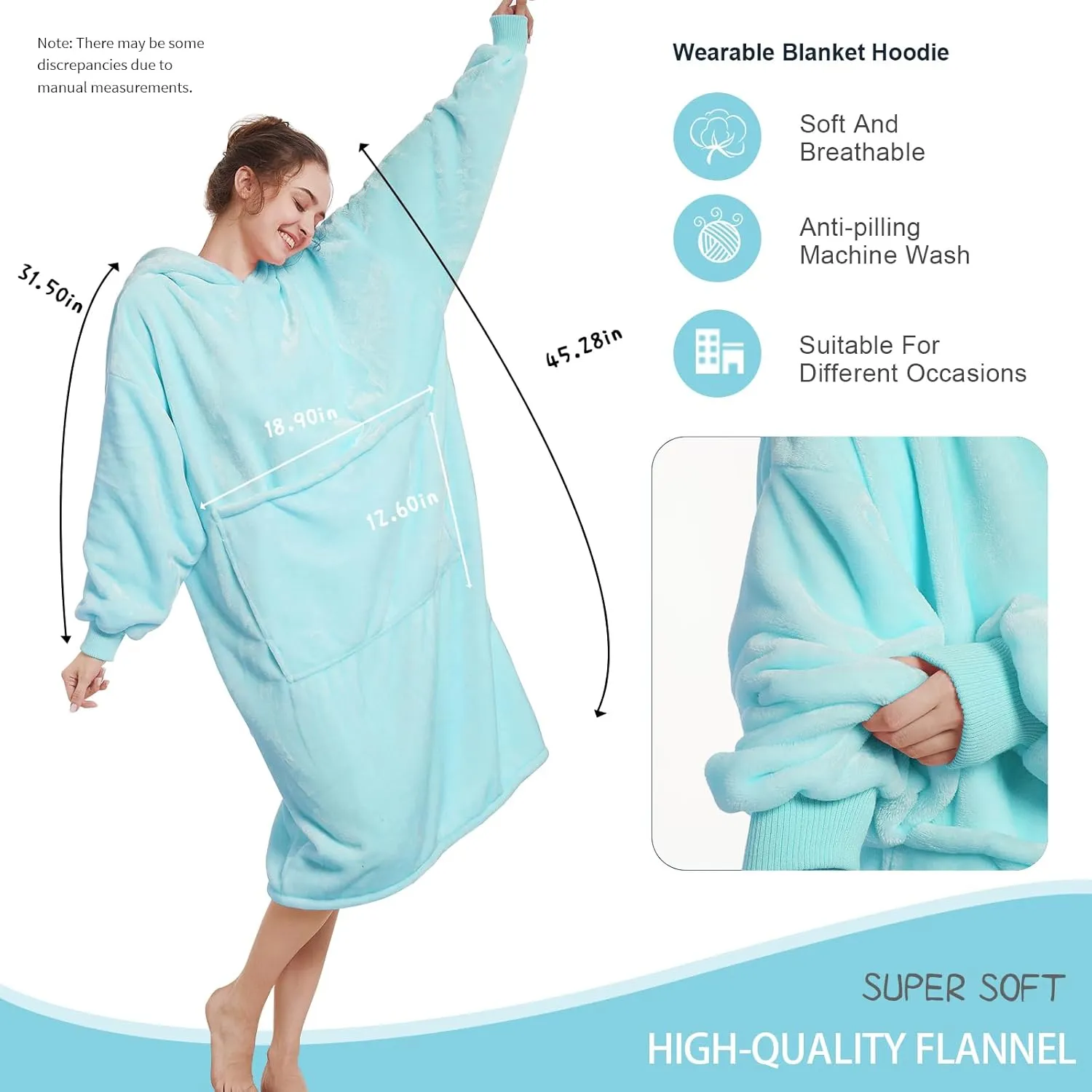 Aemilas Wearable Blanket Hoodie-Cozy Long Lightweight Flannel Hooded Blanket Sweatshirt as Mothers Day Gifts,Aqua Blue