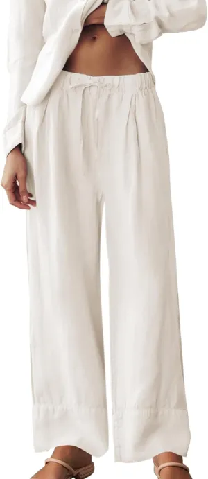 Ainangua Women Linen Palazzo Pants Casual Elasticated Drawstring Waist Wide Leg Trousers Trendy Beach Travel Outfits