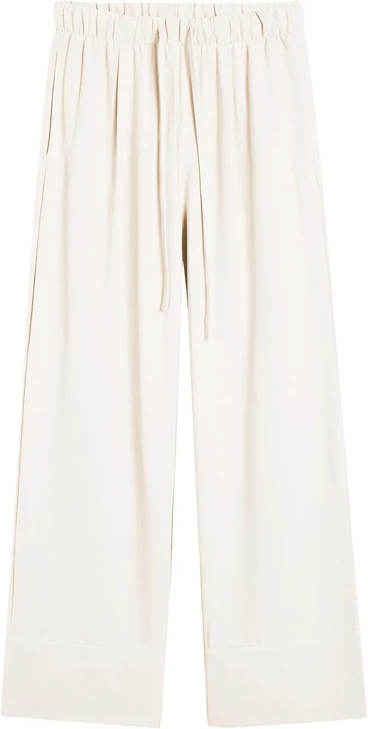 Ainangua Women Linen Palazzo Pants Casual Elasticated Drawstring Waist Wide Leg Trousers Trendy Beach Travel Outfits