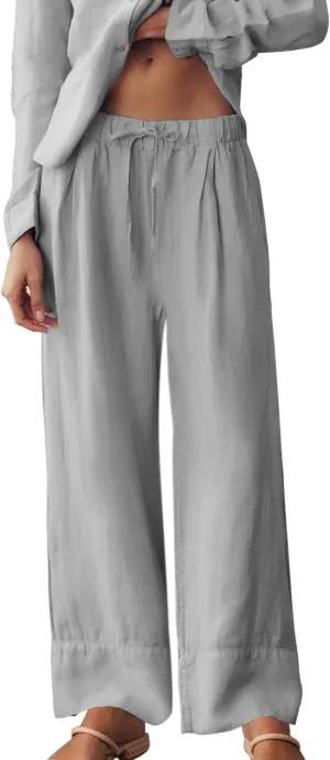 Ainangua Women Linen Palazzo Pants Casual Elasticated Drawstring Waist Wide Leg Trousers Trendy Beach Travel Outfits(Gray,L)