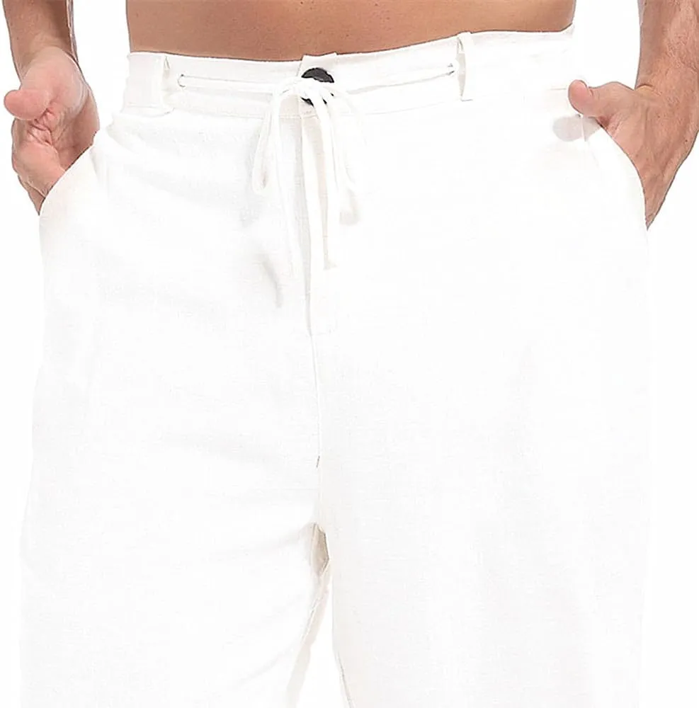 AITFINEISM Men's Casual Cotton Linen Pants Straight Fit Drawstring Pant with Back Elastic Waistband