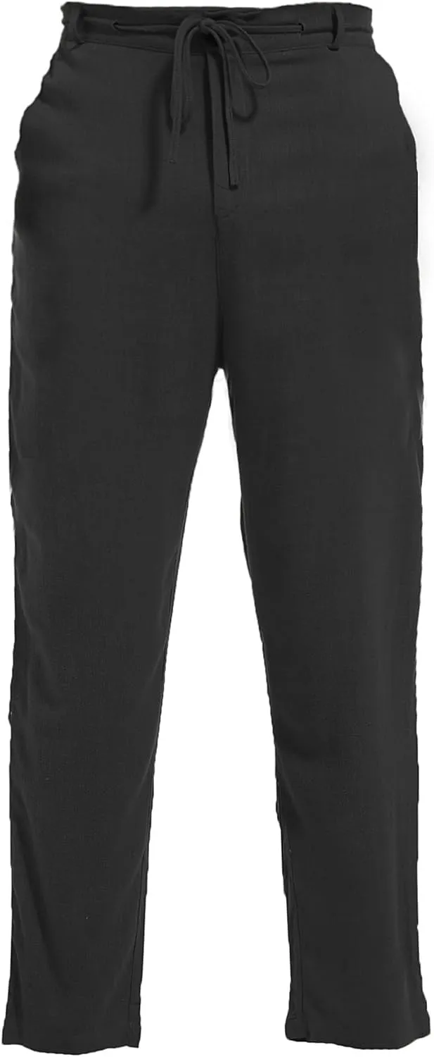AITFINEISM Men's Casual Cotton Linen Pants Straight Fit Drawstring Pant with Back Elastic Waistband