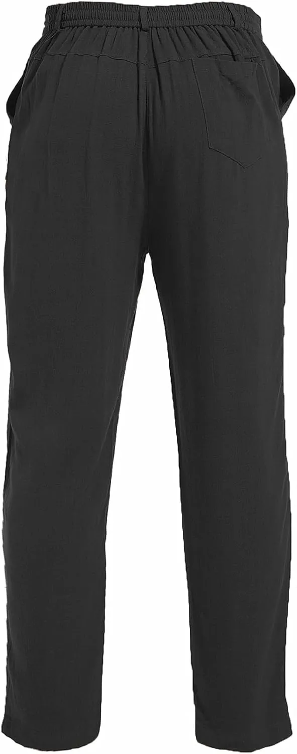 AITFINEISM Men's Casual Cotton Linen Pants Straight Fit Drawstring Pant with Back Elastic Waistband