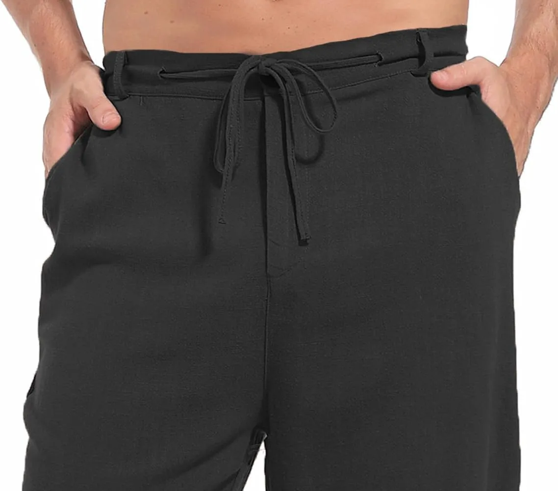 AITFINEISM Men's Casual Cotton Linen Pants Straight Fit Drawstring Pant with Back Elastic Waistband