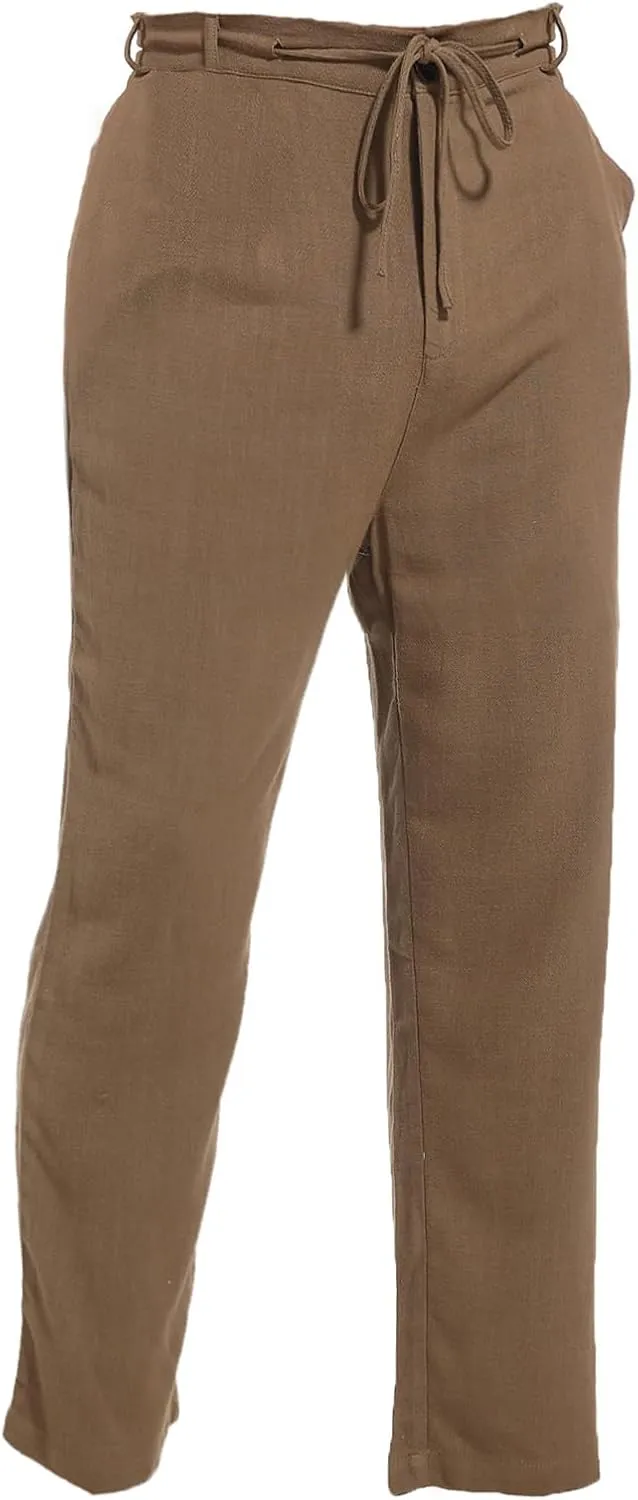 AITFINEISM Men's Casual Cotton Linen Pants Straight Fit Drawstring Pant with Back Elastic Waistband