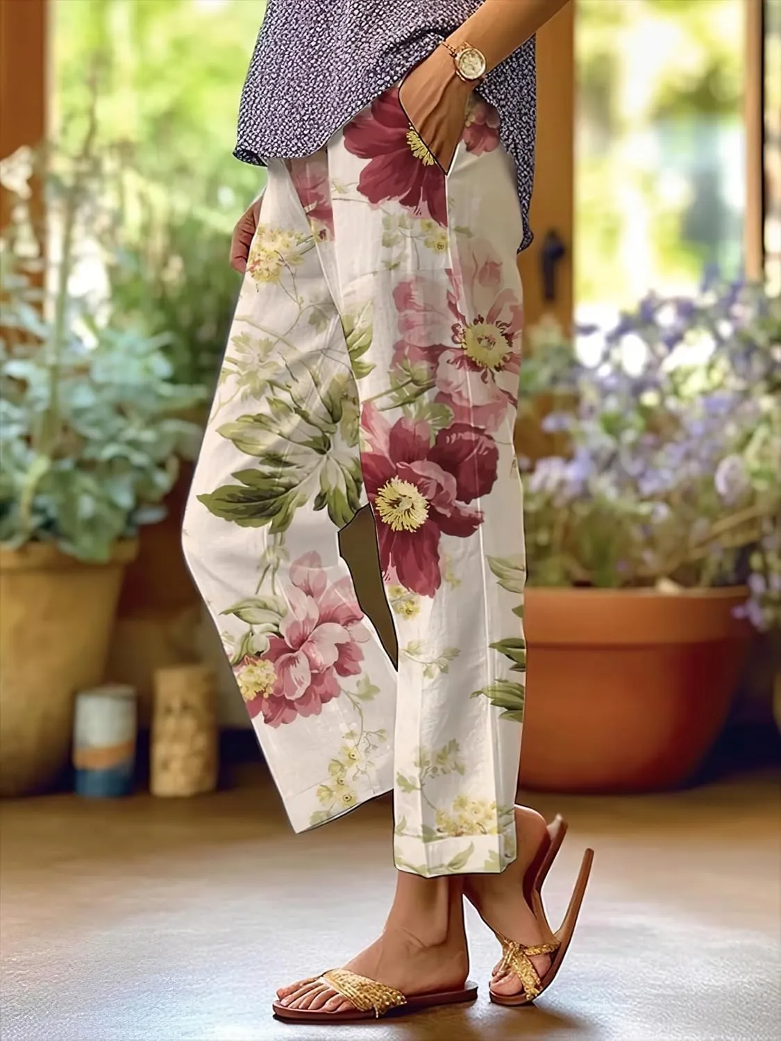 Akivide Women's Floral Cropped Linen Pants Summer Elastic Waist Straight Leg Casual Beach Trousers with Pockets