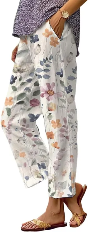 Akivide Women's Floral Cropped Linen Pants Summer Elastic Waist Straight Leg Casual Beach Trousers with Pockets