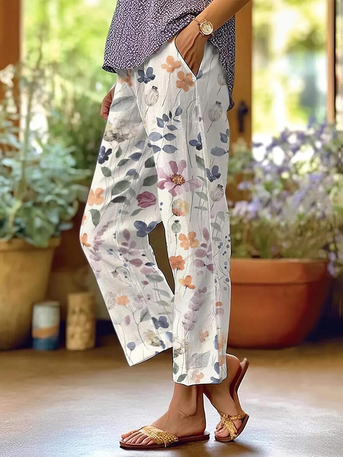 Akivide Women's Floral Cropped Linen Pants Summer Elastic Waist Straight Leg Casual Beach Trousers with Pockets