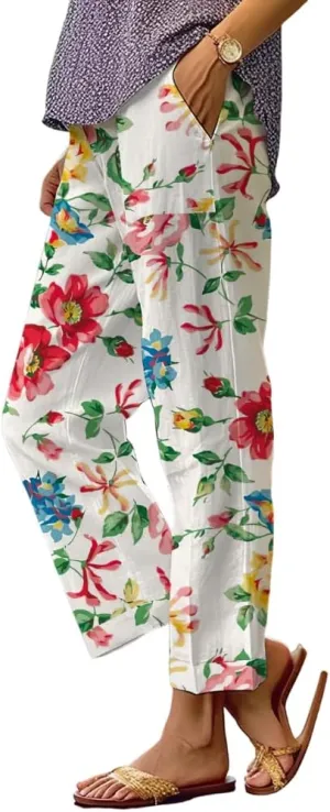 Akivide Women's Floral Cropped Linen Pants Summer Elastic Waist Straight Leg Casual Beach Trousers with Pockets
