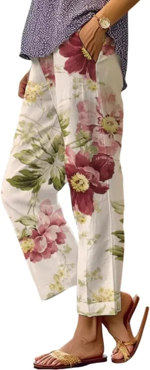 Akivide Women's Floral Cropped Linen Pants Summer Elastic Waist Straight Leg Casual Beach Trousers with Pockets
