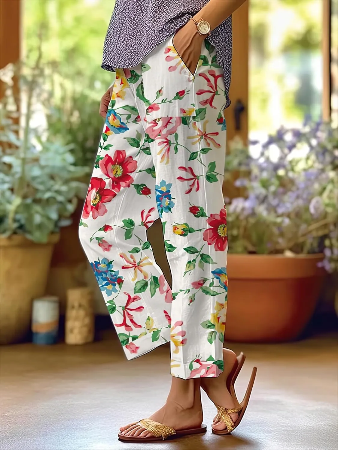 Akivide Women's Floral Cropped Linen Pants Summer Elastic Waist Straight Leg Casual Beach Trousers with Pockets